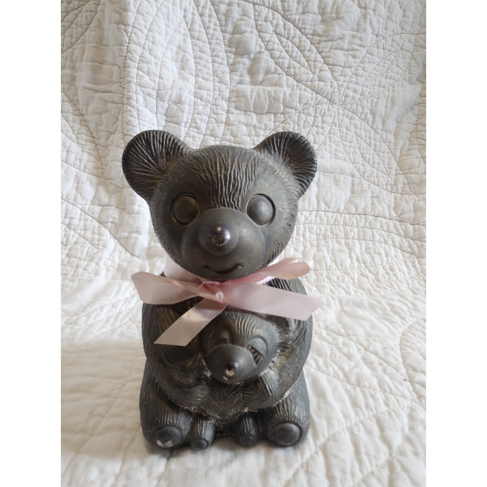 Vintage Pewter Teddy Bear Piggy Bank w Pink Ribbon, Mom & Cub Coin Bank, 6" tall
